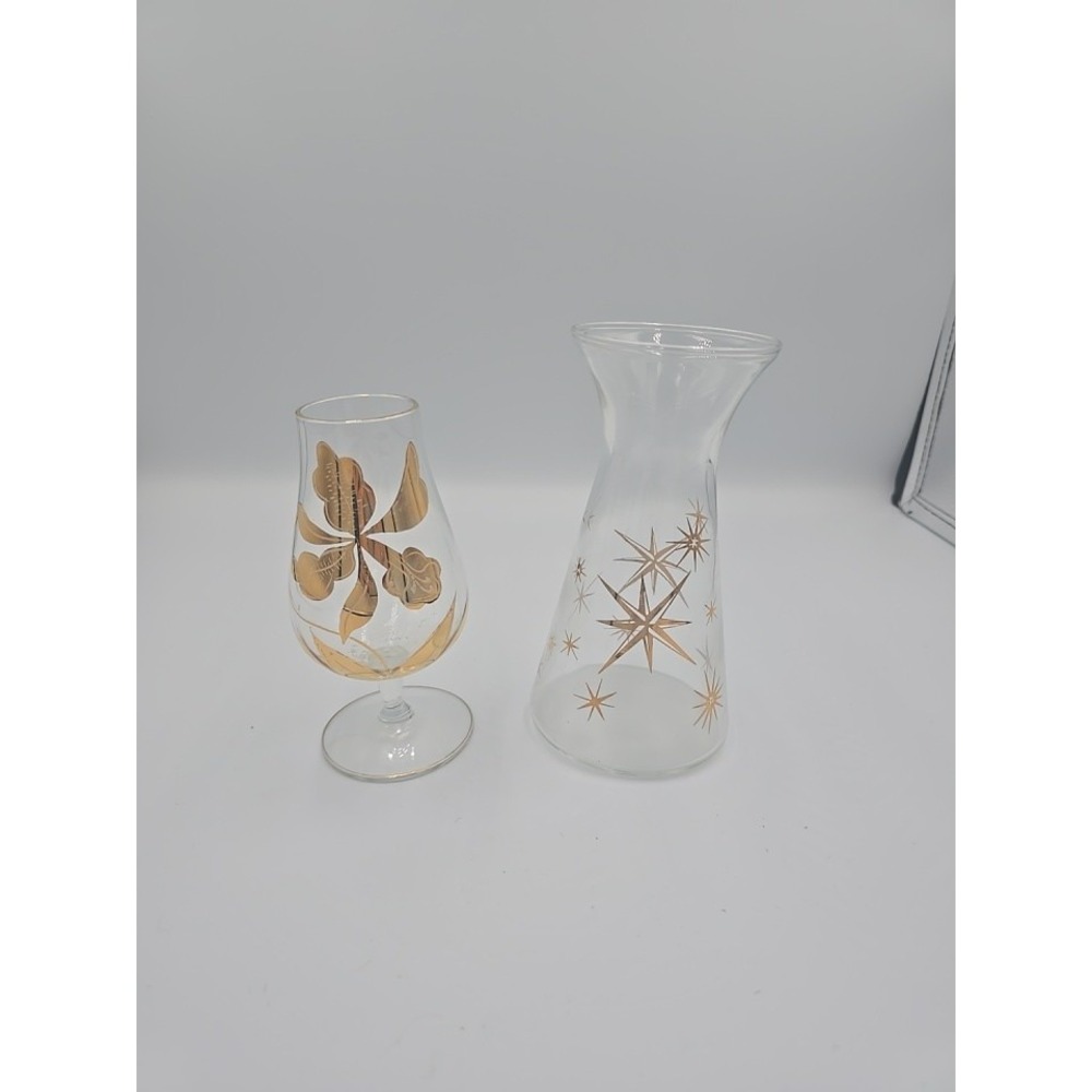 Vintage Corning Glass Carafeâ & Goblet Gold Atomic Starburst Floral MCM Set